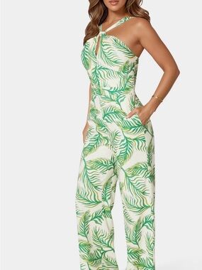 bebe linen Green Palm Jumpsuit